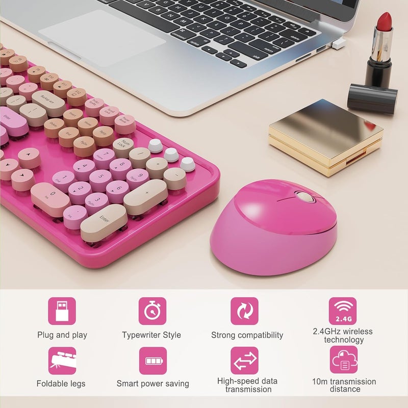 SkyGive Wireless Keyboard and Mouse Combo, Ergonomic Full Size Typewriter Retro Round Keycaps Keyboard, Compatible with Windows, PC, Perfer for Home and Office Keyboards （Red） - Image 3